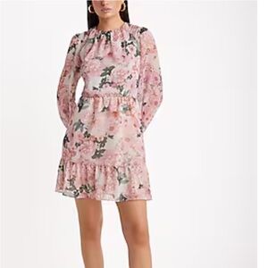 Express Floral Crew Neck Long Sleeve Open Back Mini Lined Dress